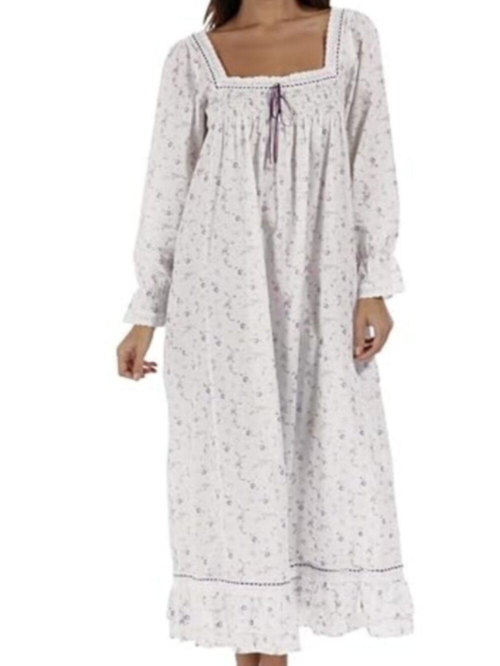 Long Sleeve Square Neck Floral Nightgown - White w/Purple Roses